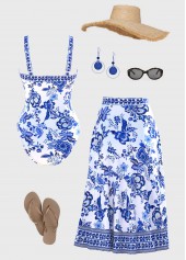 White swimwear,Blue swimwear,Plants swimwear,Floral swimwear,ROTITA Random Floral Two-Piece One Piece Swimwear and Skirt
