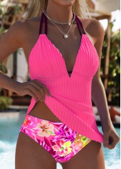 Hot Pink swimwear,Floral swimwear,Plants swimwear,ROTITA Hot Pink Floral Print Mid Waisted Tankini Set