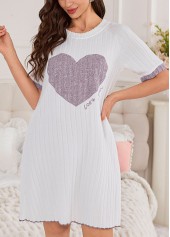 Heart Print Dusty Purple Round Neck Short Sleeve Nightdress