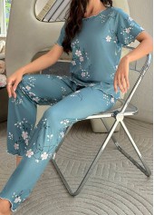 Peacock Blue loungewear,Floral loungewear,Plants loungewear,Floral Print Peacock Blue Lounge Top and Pants