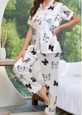 White loungewear,Animal Print loungewear,Butterfly Print White Shirt Collar Lounge Top and Pants
