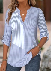 Blue tops,Striped tops,Geometric tops,ROTITA Striped Blue Split Neck 3/4 Sleeve Shirt