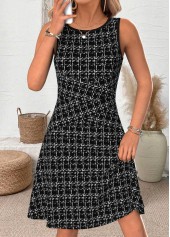 Black dresses,Plaid dresses,Geometric dresses,Everyday dresses,Casual dresses,ROTITA Plaid Black Round Neck Sleeveless Dress