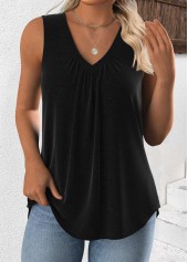 Black tops,Plain Color tops,ROTITA Black V Neck Sleeveless Tank Top