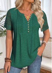 Blackish Green tops,Plain Color tops,ROTITA Blackish Green Split Neck Short Sleeve T Shirt