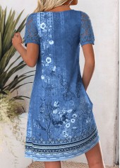 Denim Blue dresses,Tribal dresses,Everyday dresses,Casual dresses,ROTITA Tribal Print Denim Blue Round Neck Short Sleeve Dress