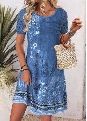 Denim Blue dresses,Tribal dresses,Everyday dresses,Casual dresses,ROTITA Tribal Print Denim Blue Round Neck Short Sleeve Dress