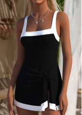 Black swimwear,Contrast Color swimwear,ROTITA Black Square Neck One Piece Swimdress