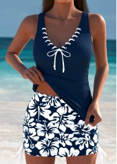 Navy swimwear,Plants swimwear,Floral swimwear,ROTITA Navy Tropical Plants Print Mid Waisted Tankini Set
