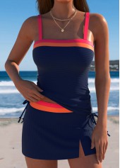 Navy swimwear,Contrast Color swimwear,ROTITA Navy Mid Waisted Tie Tankini Set