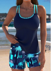 ROTITA Navy Tropical Plants Print Mid Waisted Tankini Set