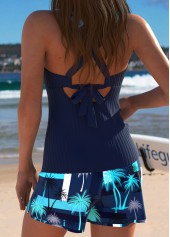 Navy swimwear,Plants swimwear,ROTITA Navy Tropical Plants Print Mid Waisted Tankini Set