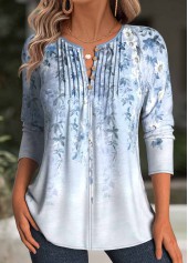 ROTITA Floral Print Light Blue Split Neck T Shirt