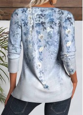 Light Blue tops,Floral tops,Plants tops,ROTITA Floral Print Light Blue Split Neck T Shirt