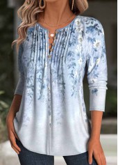 Light Blue tops,Floral tops,Plants tops,ROTITA Floral Print Light Blue Split Neck T Shirt