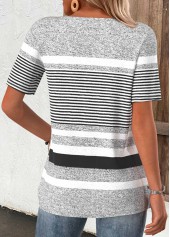 Light Grey Marl tops,Striped tops,Geometric tops,ROTITA Striped Light Grey Marl Split Neck T Shirt