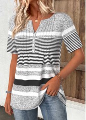 Light Grey Marl tops,Striped tops,Geometric tops,ROTITA Striped Light Grey Marl Split Neck T Shirt