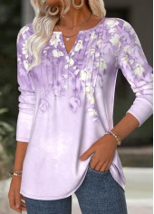 Light Purple tops,Floral tops,Plants tops,ROTITA Floral Print Light Purple Split Neck T Shirt