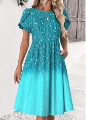 Cyan dresses,Ombre dresses,Everyday dresses,Casual dresses,ROTITA Ombre Cyan Round Neck Short Sleeve Dress