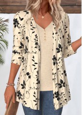 Beige tops,Plants tops,ROTITA Leaf Print Beige 3/4 Sleeve Light Cardigan