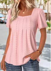 Light Pink tops,Plain Color tops,ROTITA Light Pink Square Neck Short Sleeve T Shirt