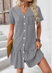 Black dresses,Plaid dresses,Geometric dresses,Everyday dresses,Casual dresses,ROTITA Plaid Black V Neck Short Sleeve Dress