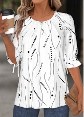 White plus size,Geometric plus size,Dot plus size,ROTITA Plus Size Button White Geometric Print T Shirt