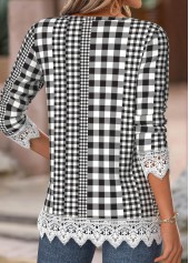 Black tops,Plaid tops,Geometric tops,ROTITA Gingham Print Black Split Neck Long Sleeve T Shirt