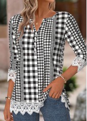 Black tops,Plaid tops,Geometric tops,ROTITA Gingham Print Black Split Neck Long Sleeve T Shirt
