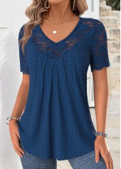 Navy tops,Plain Color tops,ROTITA Navy V Neck Short Sleeve T Shirt