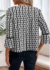 Black tops,Geometric tops,ROTITA Geometric Print Black 3/4 Sleeve Coat