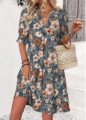 robe à manches mi-longues et col fendu multicolore à imprimé floral Rotita