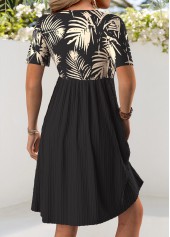 Black dresses,Plants dresses,Everyday dresses,Casual dresses,ROTITA Leaf Print Black Short V Neck Dress