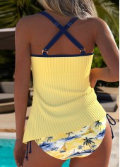 Light Yellow swimwear,Plants swimwear,ROTITA Light Yellow Plants Print Mid Waisted Tankini Set