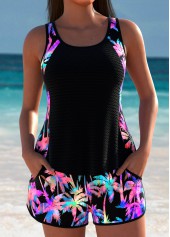 Ensemble tankini taille moyenne à imprimé plantes tropicales noires Rotita