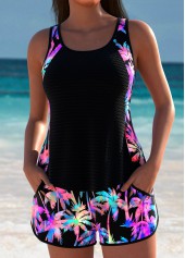 Black swimwear,Plants swimwear,ROTITA Black Tropical Plants Print Mid Waisted Tankini Set