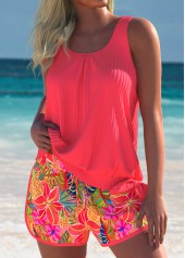 Coral swimwear,Plants swimwear,ROTITA Hot Pink Tropical Plants Print Mid Waisted Tankini Set