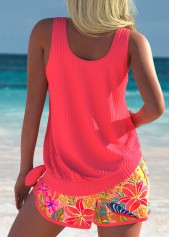 Coral swimwear,Plants swimwear,ROTITA Hot Pink Tropical Plants Print Mid Waisted Tankini Set