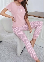 Pink loungewear,Letter loungewear,Letter Print Pink Round Neck Lounge Top and Pants