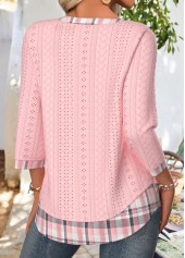 Light Pink tops,Plaid tops,Geometric tops,ROTITA Plaid Light Pink Split Neck 3/4 Sleeve T Shirt