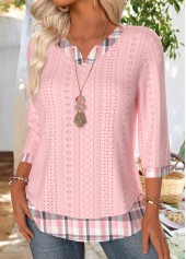 Light Pink tops,Plaid tops,Geometric tops,ROTITA Plaid Light Pink Split Neck 3/4 Sleeve T Shirt