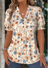 Beige Bluse mit Stehkragen und Blumenmuster von Rotita
