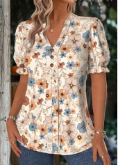 Beige tops,Floral tops,Plants tops,ROTITA Floral Print Beige Stand Collar Short Sleeve Blouse