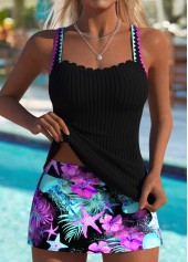 ROTITA Black Marine Life Print Mid Waisted Tankini Set