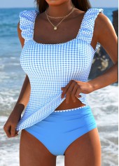 Light Blue swimwear,Plaid swimwear,Geometric swimwear,ROTITA Light Blue Plaid Mid Waisted Tankini Set