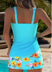 Cyan swimwear,Floral swimwear,Plants swimwear,ROTITA Cyan Floral Print Mid Waisted Tankini Set