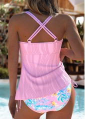 Light Pink swimwear,Floral swimwear,Plants swimwear,ROTITA Light Pink Floral Print Mid Waisted Tankini Set