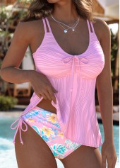 Light Pink swimwear,Floral swimwear,Plants swimwear,ROTITA Light Pink Floral Print Mid Waisted Tankini Set