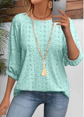 Cyan tops,Plain Color tops,ROTITA Cyan Round Neck 3/4 Sleeve Blouse