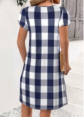 Blue dresses,Plaid dresses,Geometric dresses,Everyday dresses,Casual dresses,ROTITA Plaid Blue Short Split Neck Dress